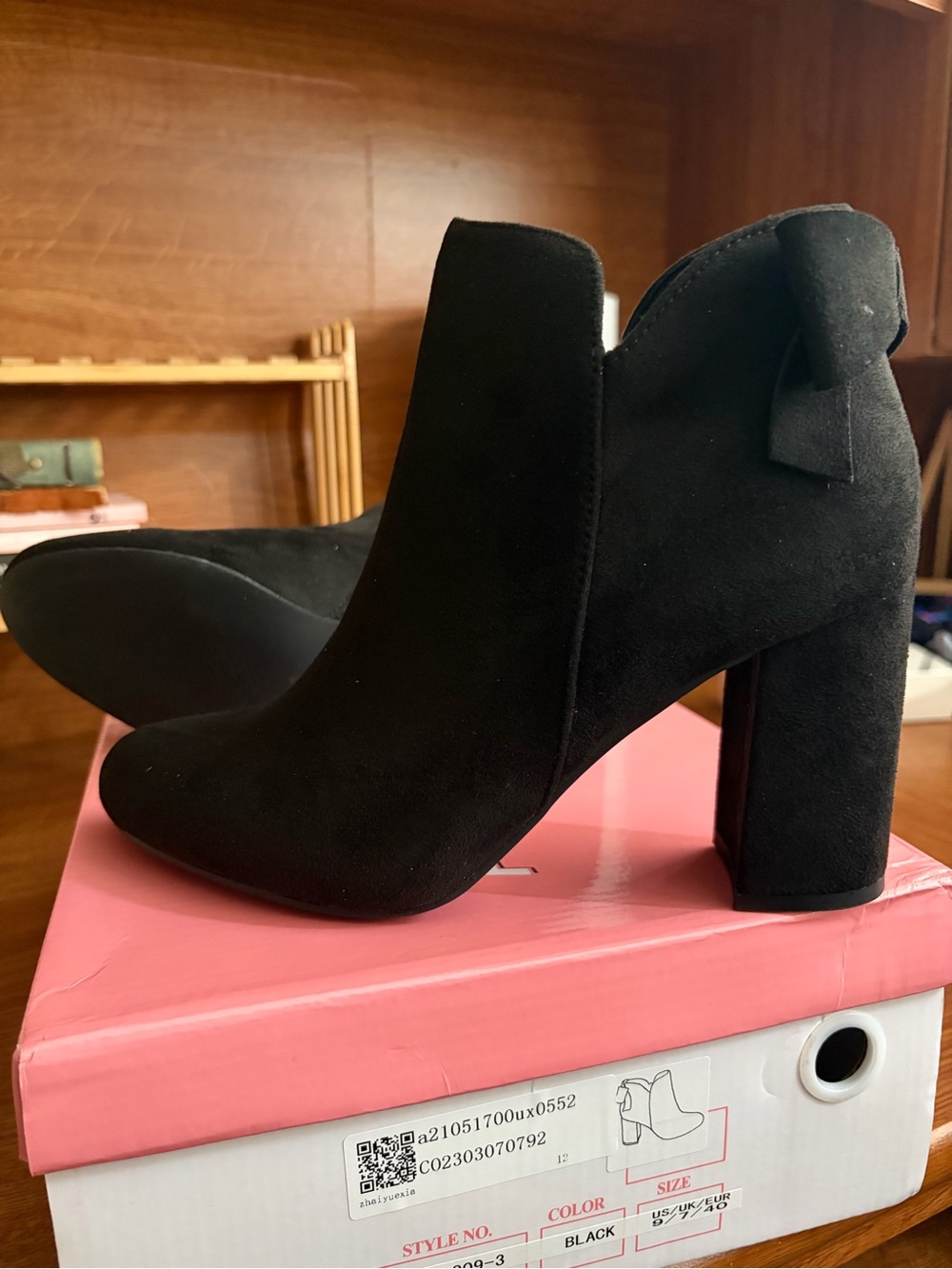 Allegra K Black Suede High Block Heel Ankle Booties